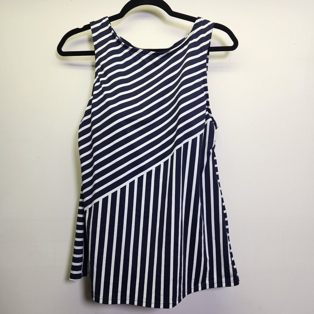Lands' End‎ Tankini Swimsuit Top 12L Navy Striped Ruching Built in Bra Beach